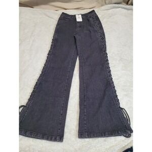 NWT Anewsta Black Side Rope Woven Denim Flare Jeans Pants Small Y2K Retro Grunge